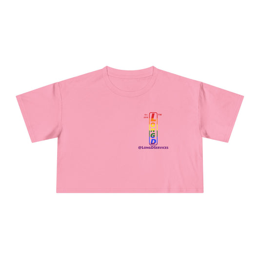 Positive horizontal 6-striped upright single-breasted tag logo crop tee (Pride colors)