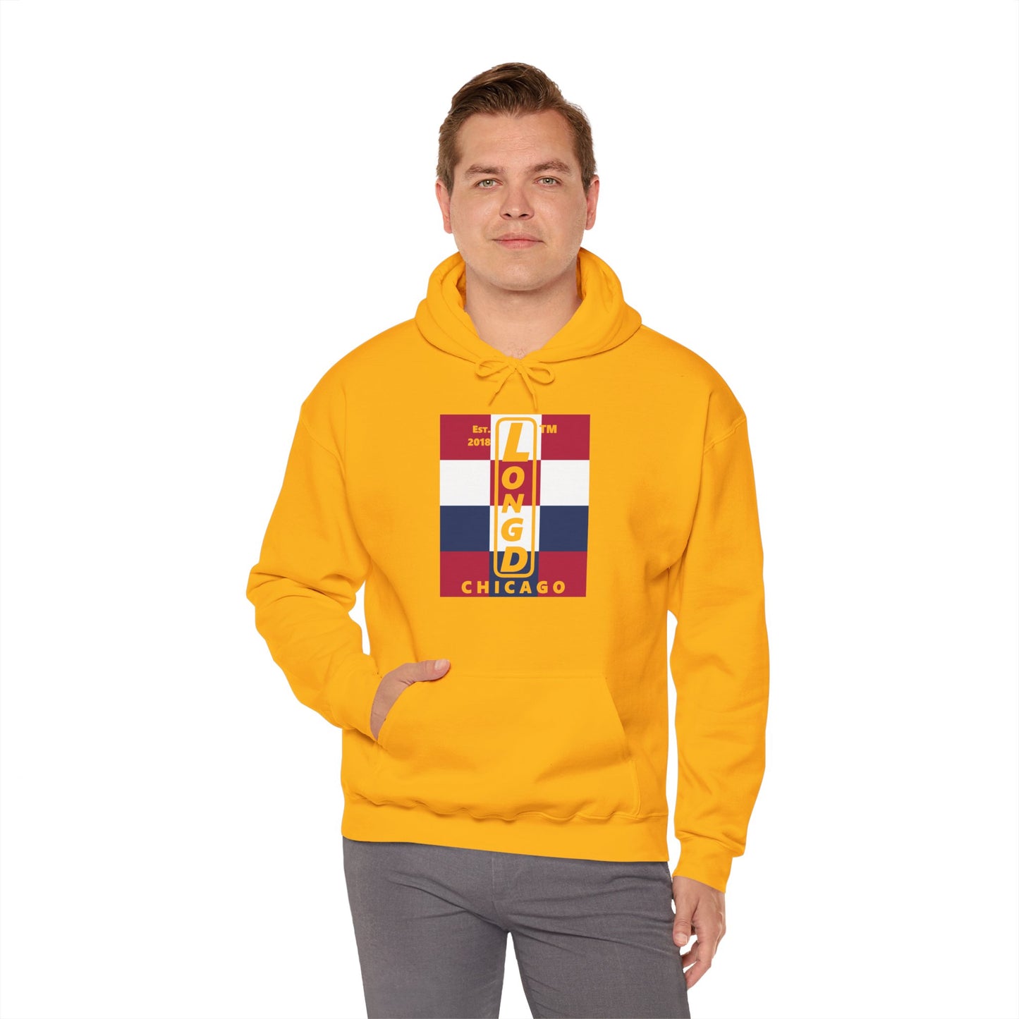 LongD® negative 4x3 upright Chicago logo hoodie