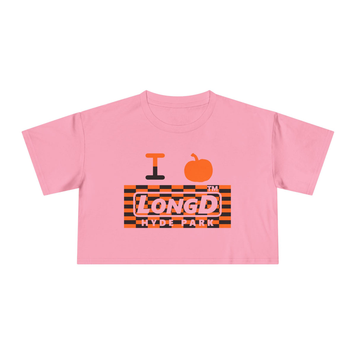 I pumpkin LongD Hyde Park negative tiled logo crop tee