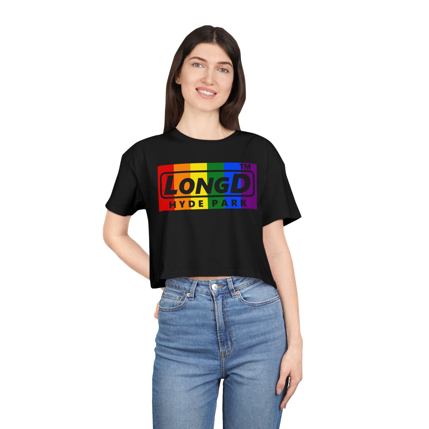 LongD negative vertical 6-striped Hyde Park logo crop tee (Pride colors)