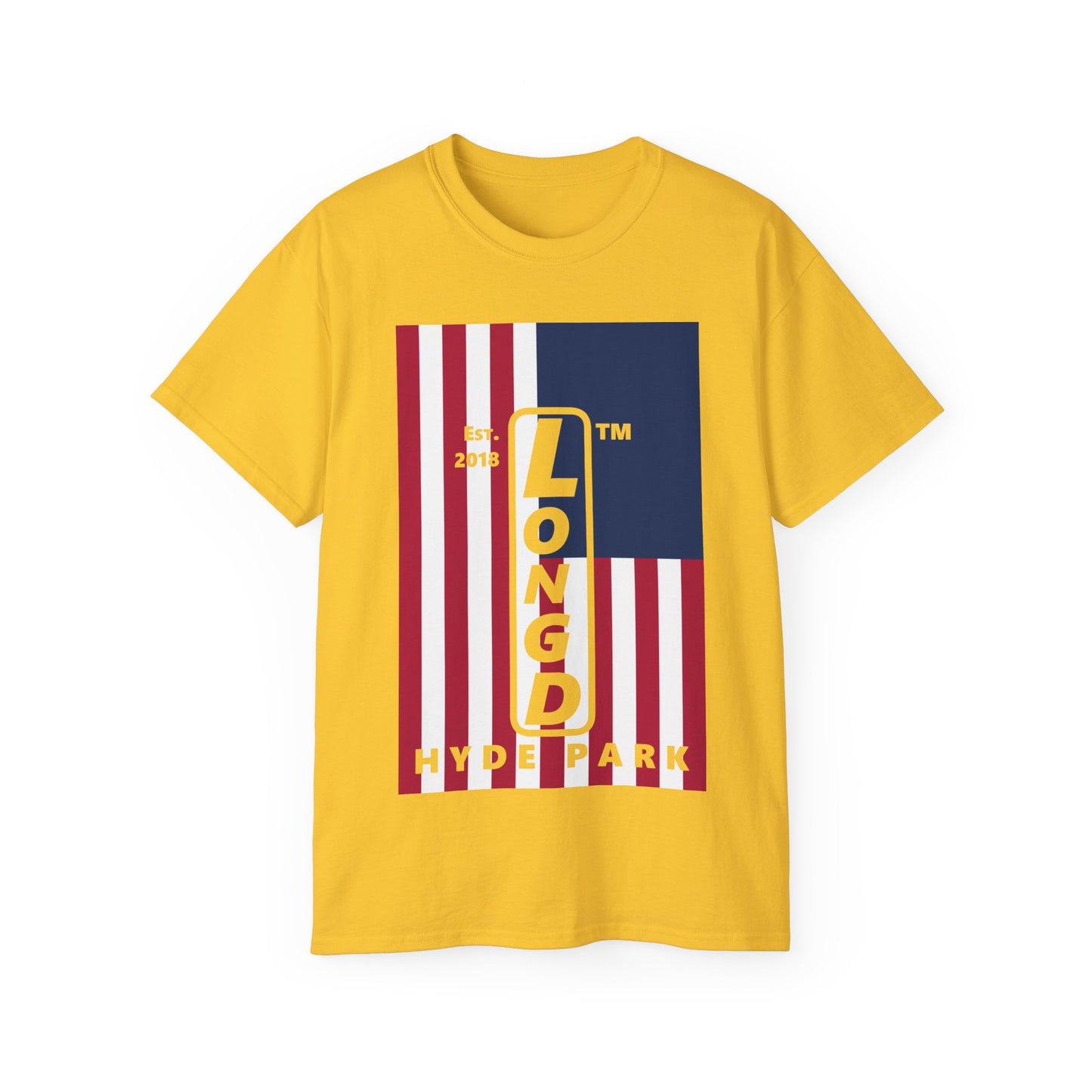 LongD cotton tee negative cropped flag Hyde Park upright logo (Patriotic colors)