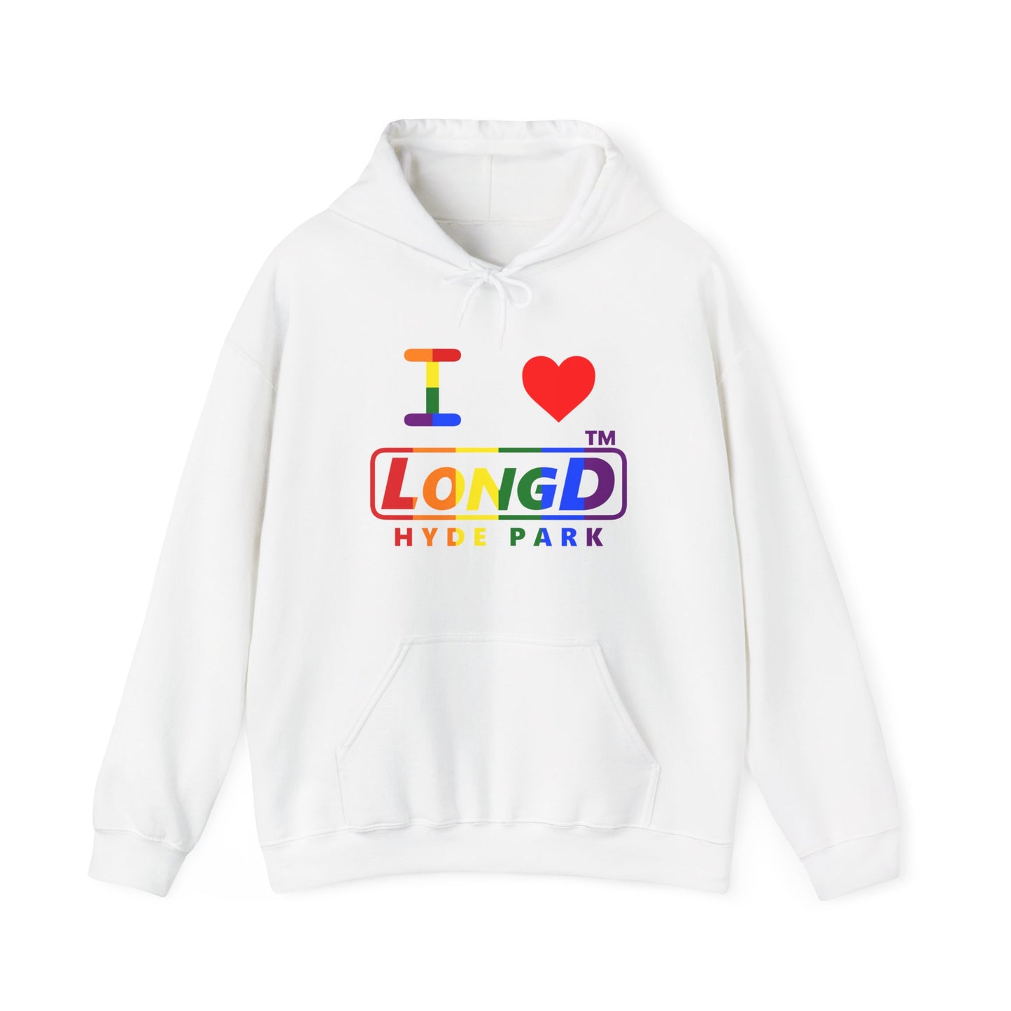 I Luv LongD® positive vertical striped Hyde Park logo hoodie (Pride colors)