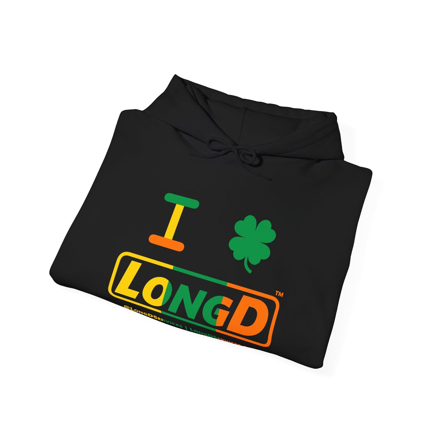 I Clover LongD® Logo Hoodie (St. Patrick's Day Irish Green-Irish Orange-Golden Yellow text)