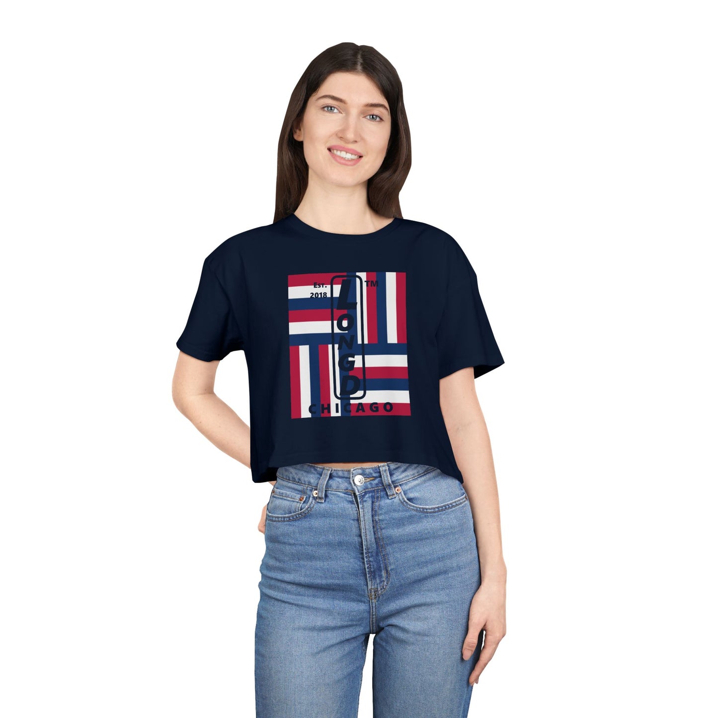 Negative windmill upright front-reversed back Chicago logo crop tee (Patriotic colors)
