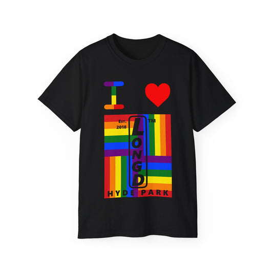 I Luv LongD Cotton Tee negative windmill Hyde Park upright logo (Pride colors)