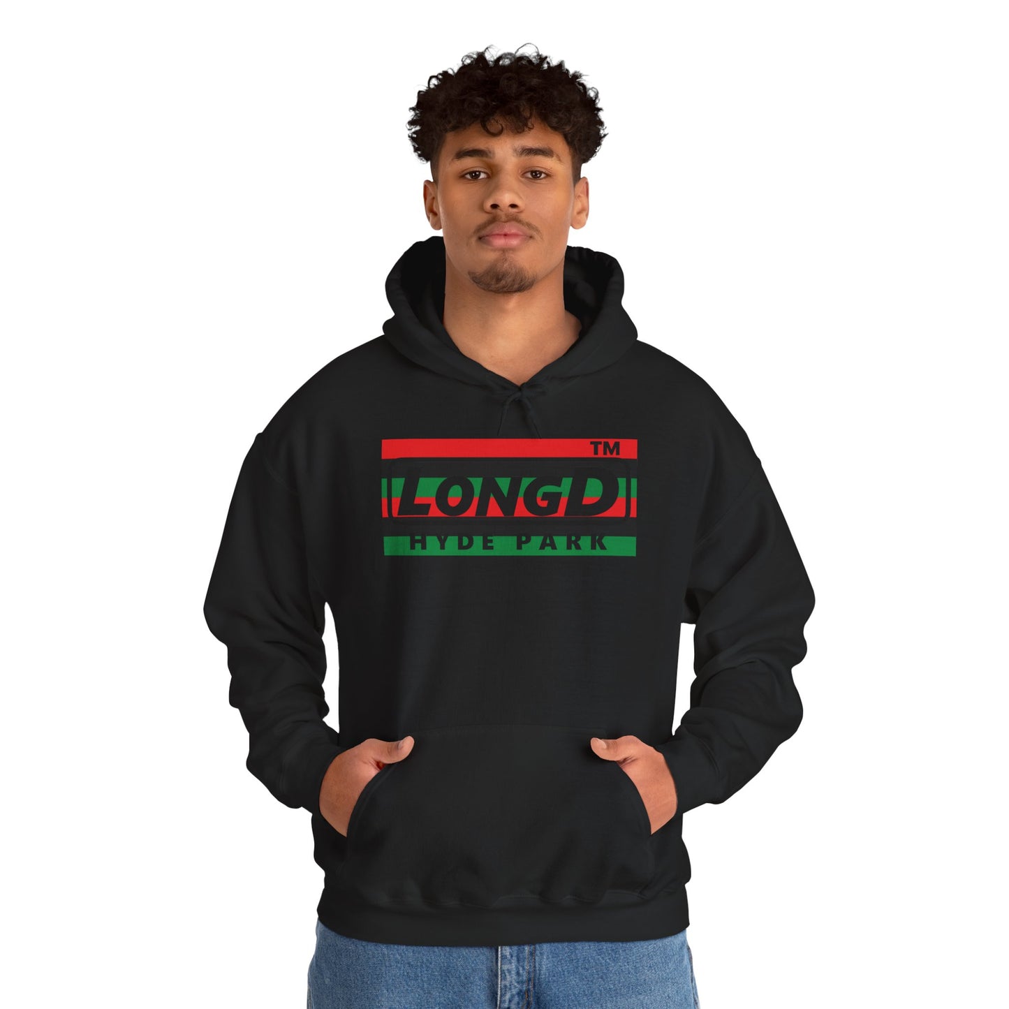LongD® negative horizontal 6-striped Hyde Park logo Hoodie (Juneteenth colors)