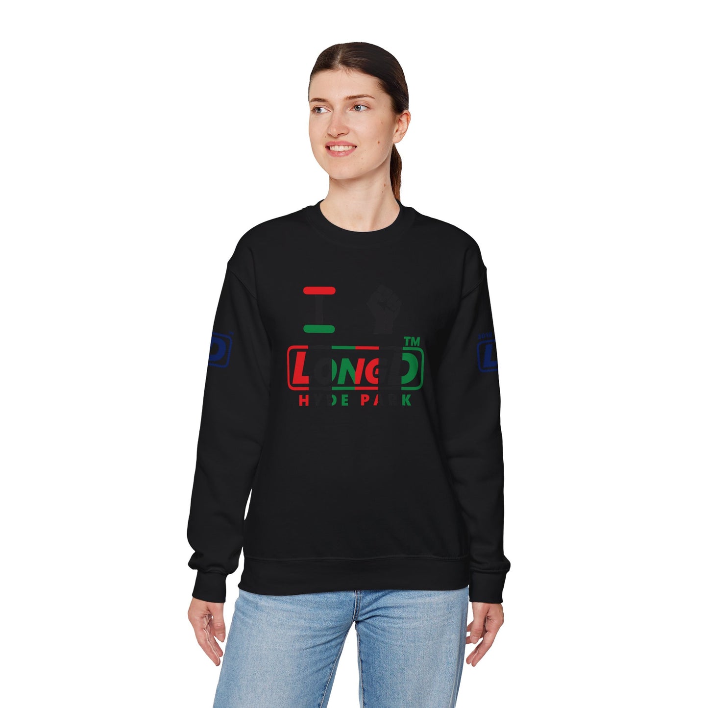 I fist LongD positive vertical 6-striped 4-print Hyde Park logo crewneck sweatshirt