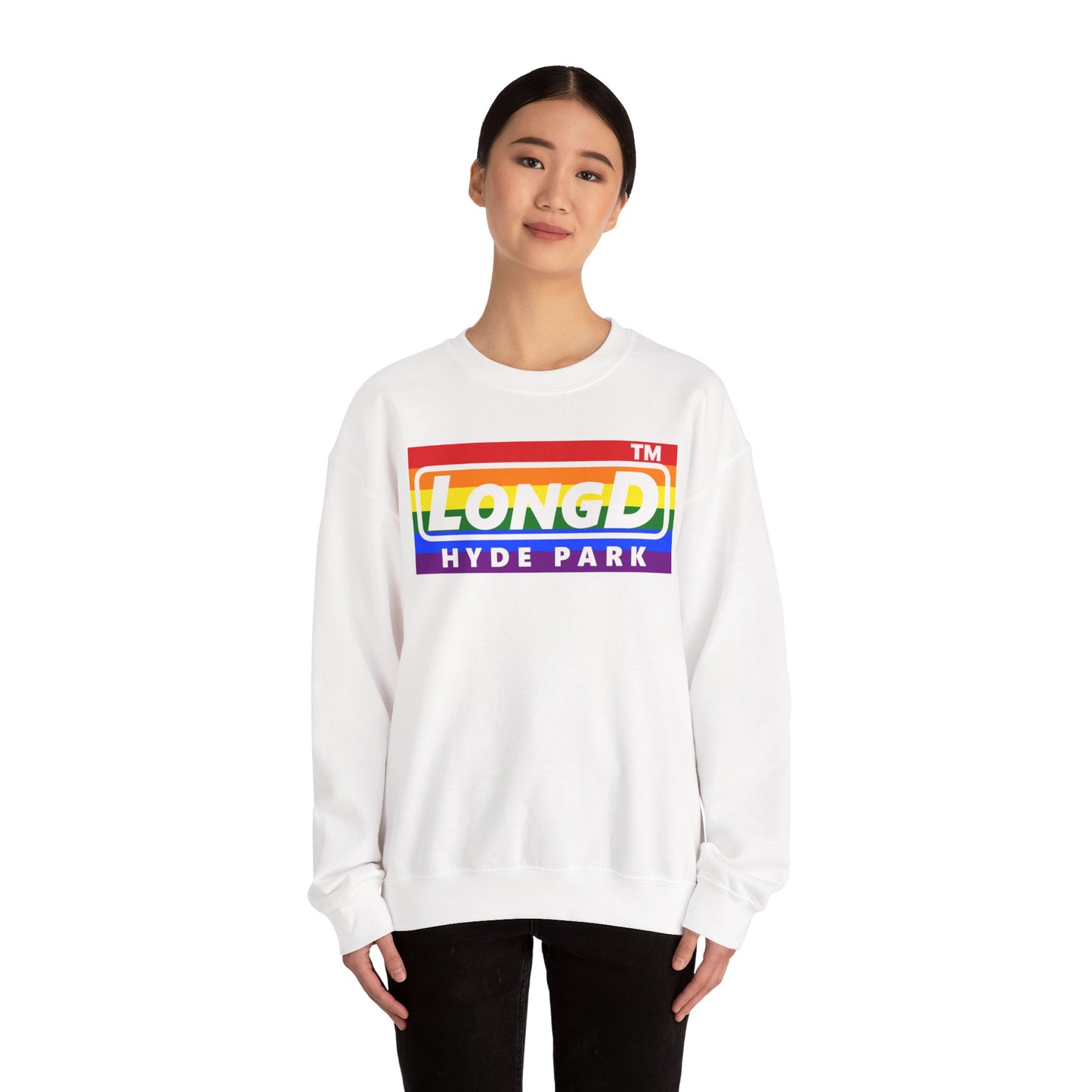 LongD negative horizontal striped Hyde Park logo crewneck sweatshirt (Pride colors)