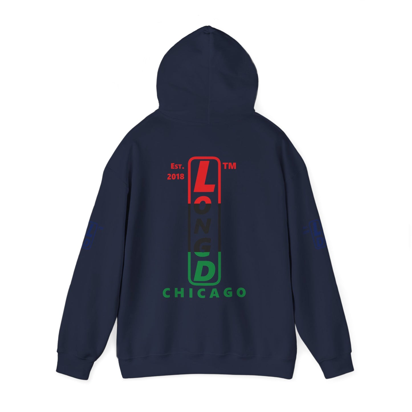 LongD® positive horizontal 3-striped Chicago 4-print upright logo hoodie (Juneteenth colors)