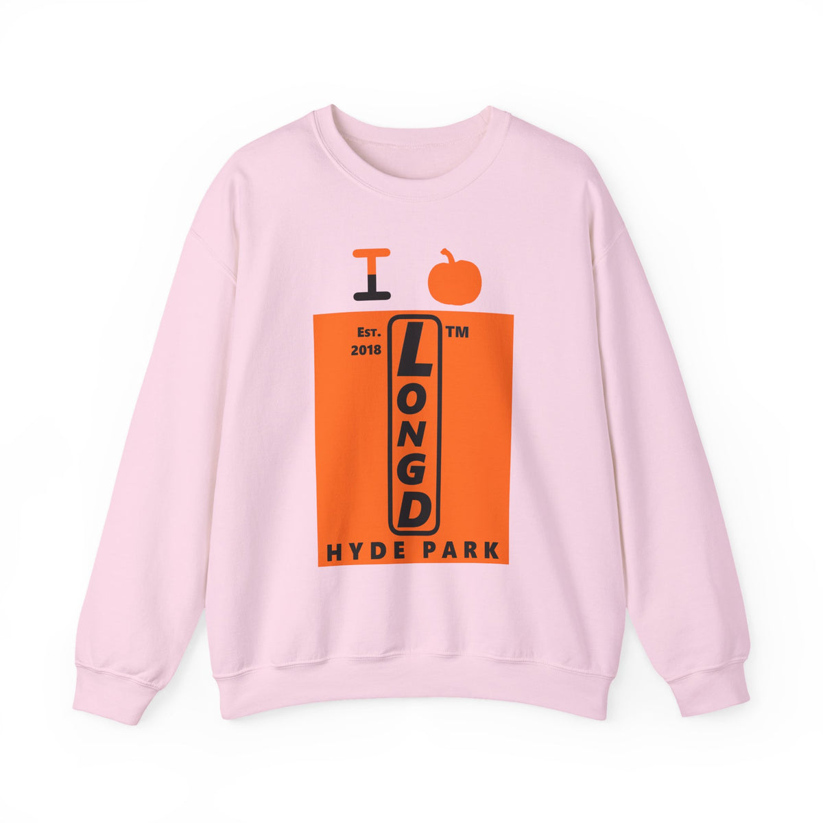 I pumpkin LongD Hyde Park upright logo positive black on negative orange crewneck sweatshirt