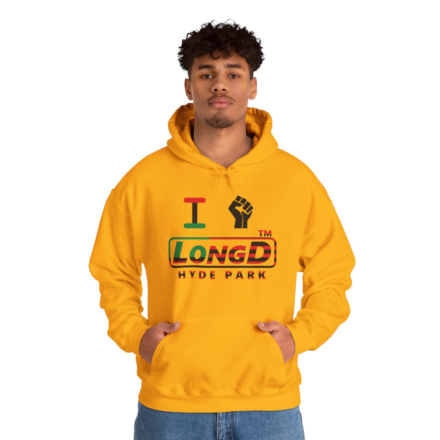 I fist LongD® positive flag front-back Hyde Park logo Hoodie (Juneteenth colors)