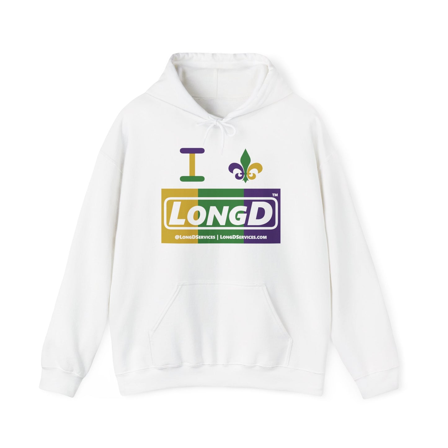 I Fleur LongD® Logo Hoodie (Mardi Gras Forest Green-Royal Purple-Goldenrod Yellow negative text)