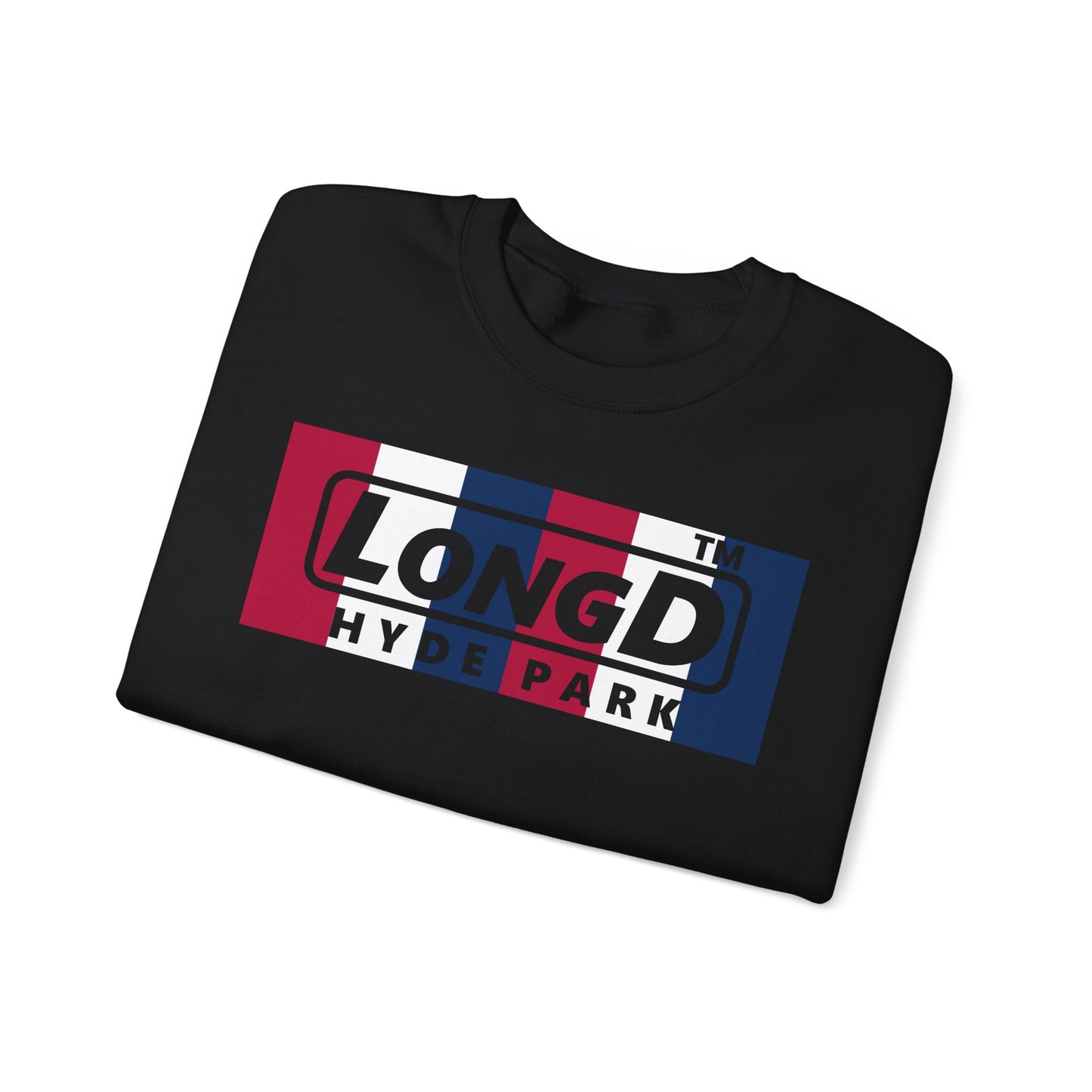 LongD negative vertical 6-striped Hyde Park logo crewneck sweatshirt (patriotic colors)