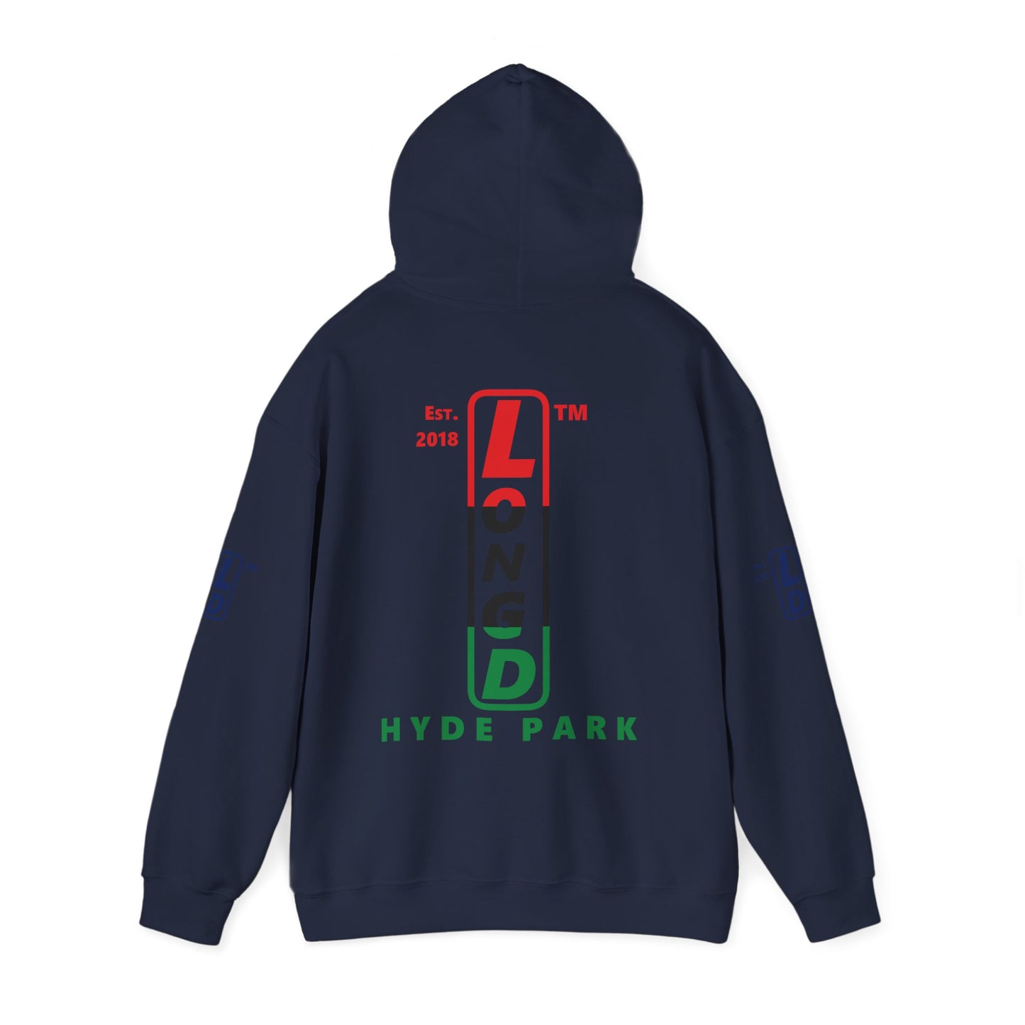 LongD® positive horizontal 3-striped Hyde Park 4-print upright logo hoodie (Juneteenth colors)