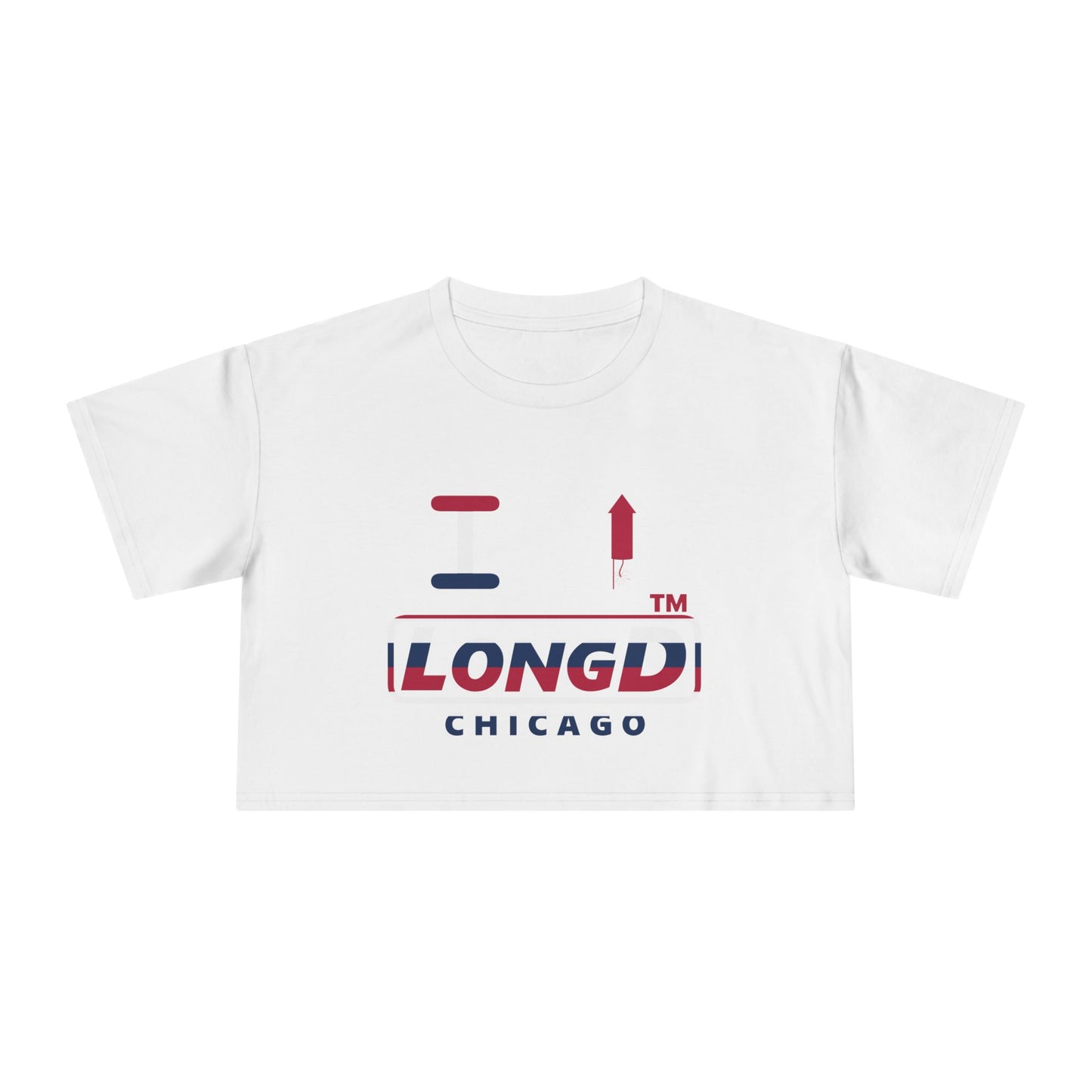 I firecracker LongD positive horizontal 6-striped Chicago Logo Crop Tee (Patriotic colors)