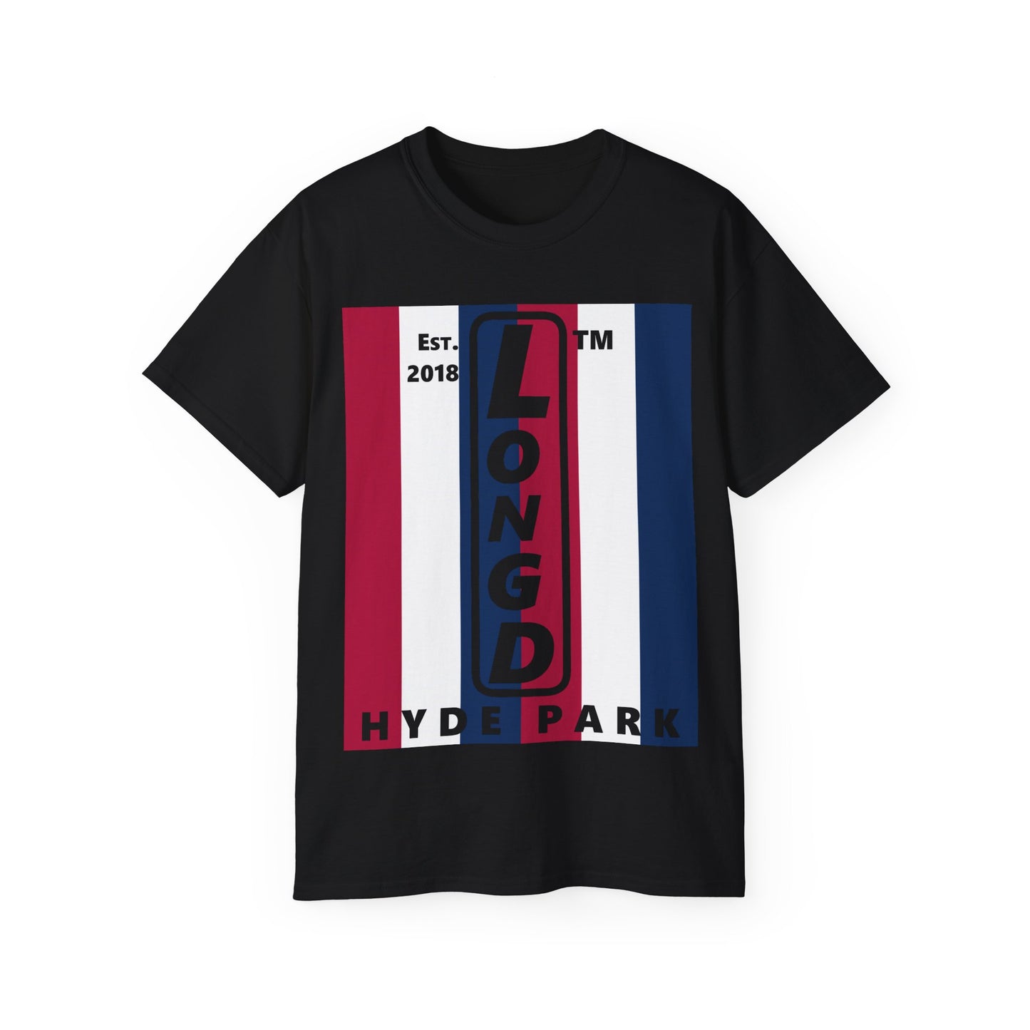 LongD cotton tee negative vertical 6-striped Hyde Park upright logo (Patriotic colors)