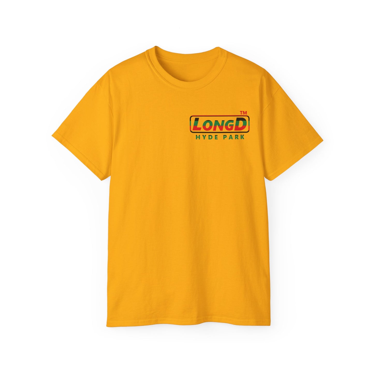 LongD positive horizontal 6-striped Hyde Park logo single-breasted front-back cotton tee (Juneteenth colors)