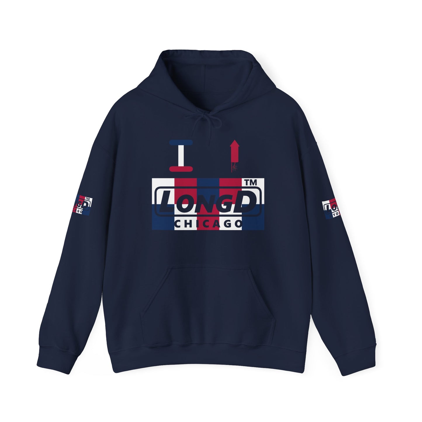 I firecracker LongD® negative 2x5 4-print double breasted Chicago logo hoodie