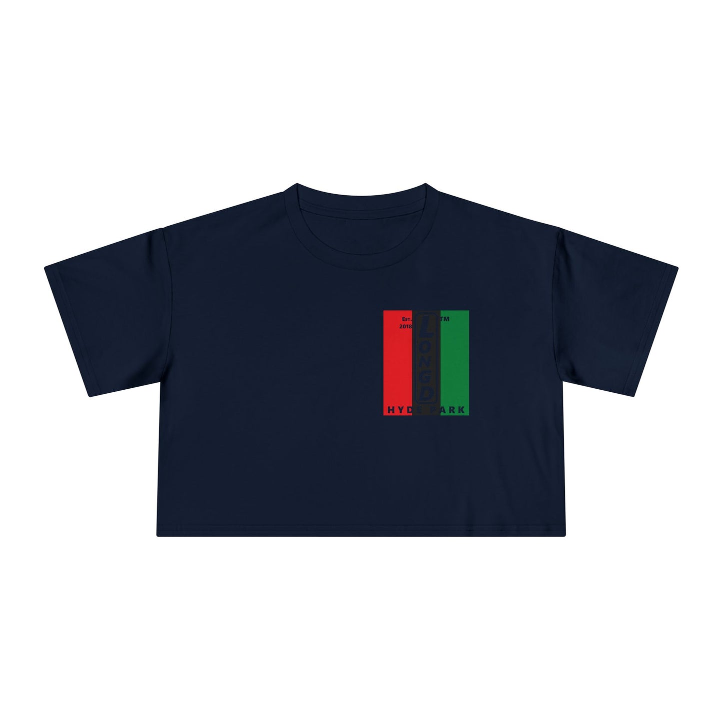 Negative vertical 3-striped upright single-breasted Hyde Park logo crop tee (Juneteenth colors)