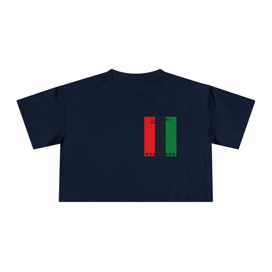Negative vertical 3-striped upright single-breasted Hyde Park logo crop tee (Juneteenth colors)