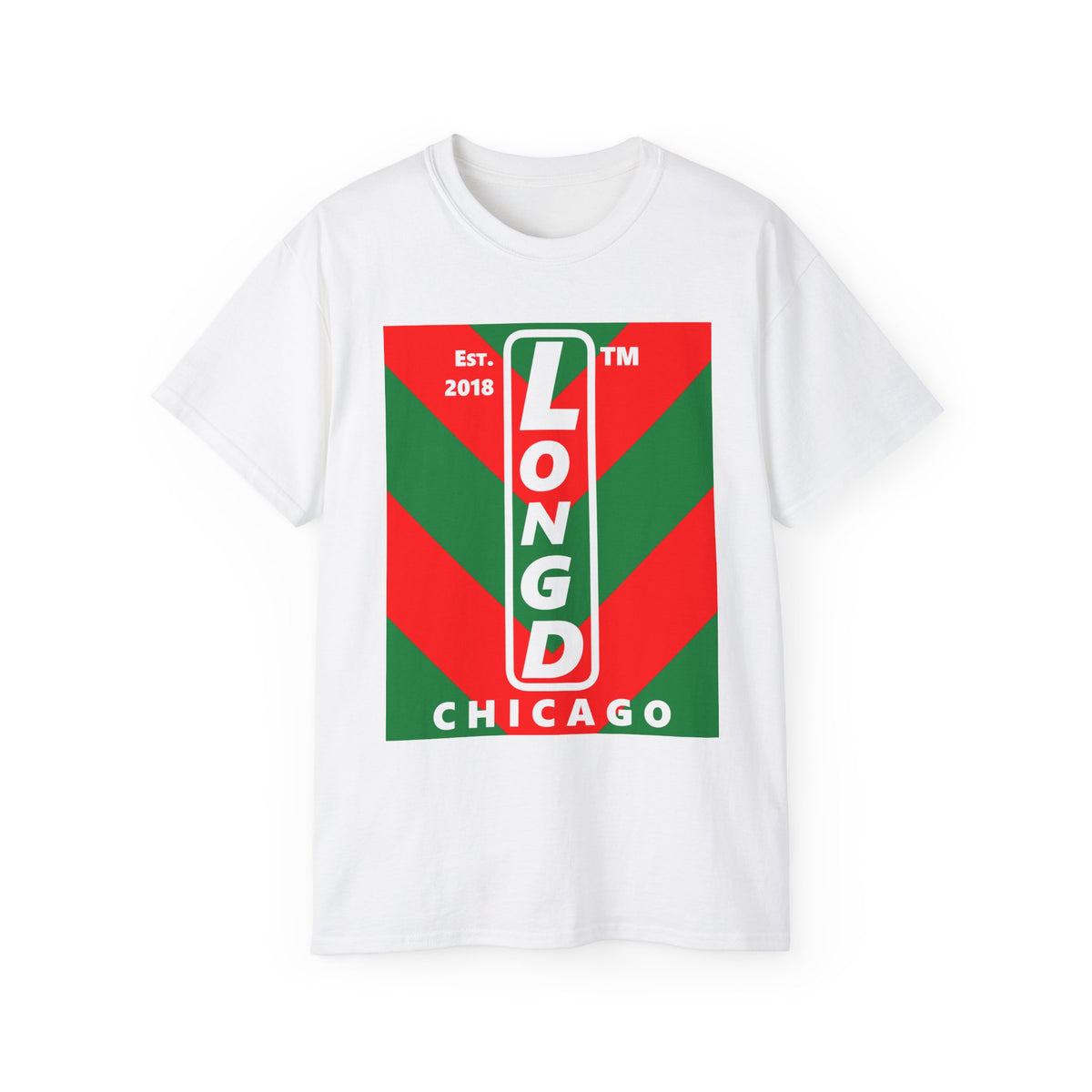 LongD Chicago negative upright downward chevron logo (Xmas colors) cotton tee