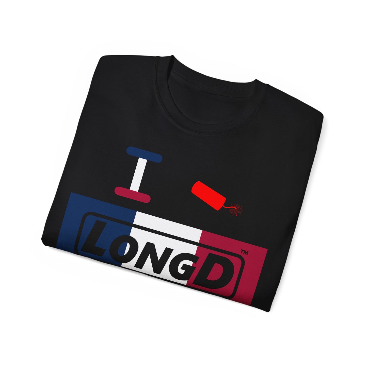 I Firecracker LongD® Logo Cotton Tee Blue, White and Red negative thirds text