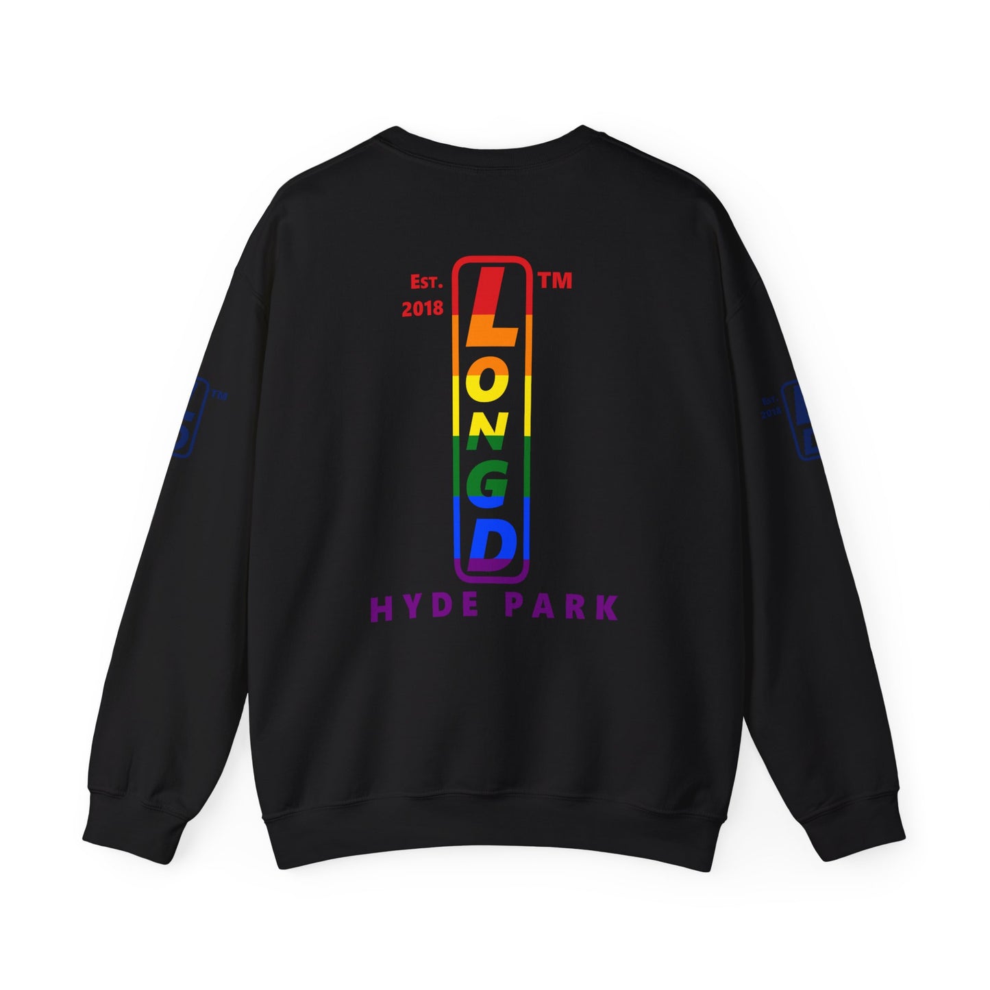 LongD positive horizontal 6-striped Hyde Park 4-print upright logo crewneck sweatshirt (Pride colors)