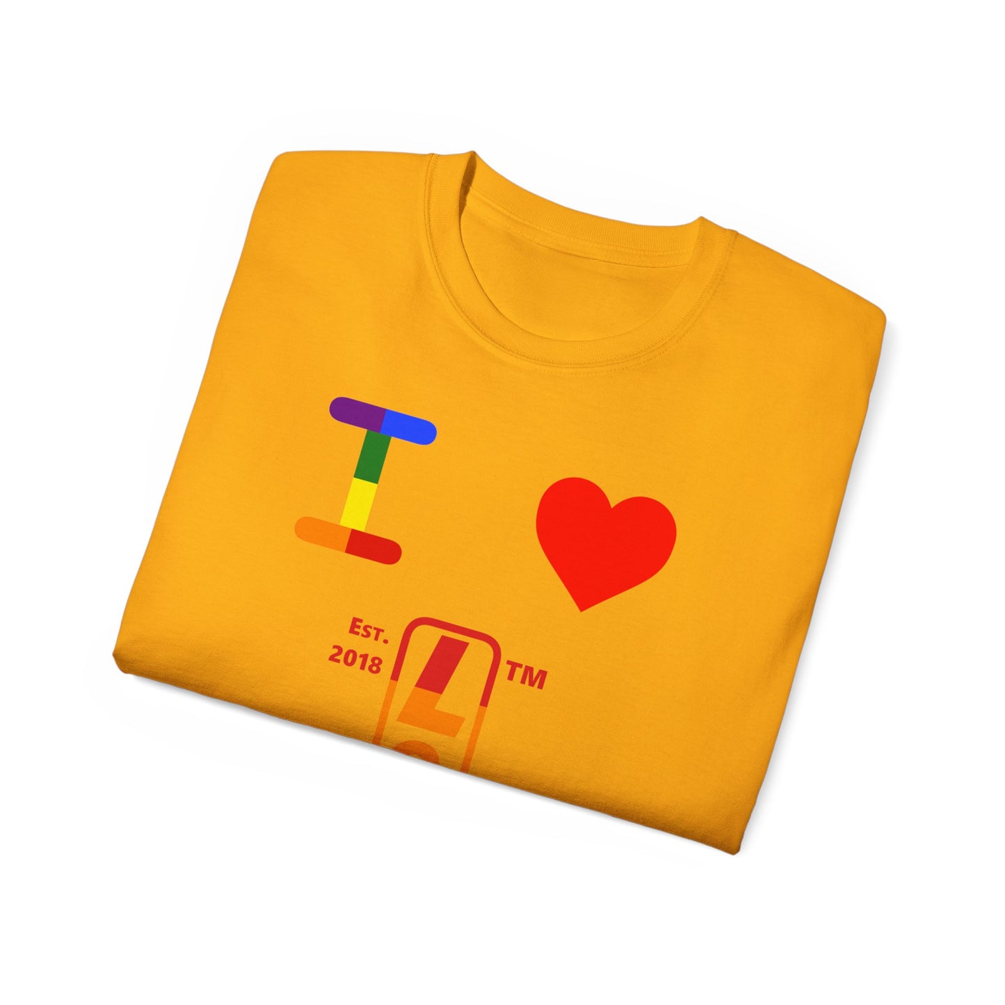 I Luv LongD Cotton Tee positive horizontal striped Hyde Park upright logo (Pride colors)