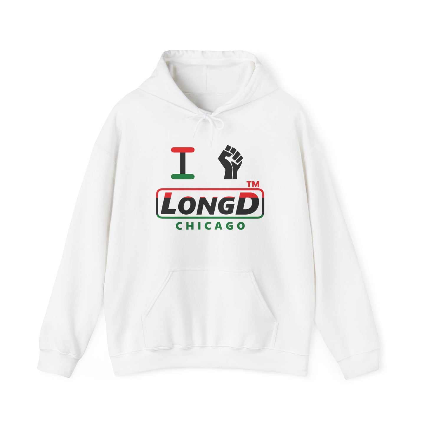 I fist LongD® positive horizontal 3-striped Chicago logo Hoodie (Juneteenth colors)