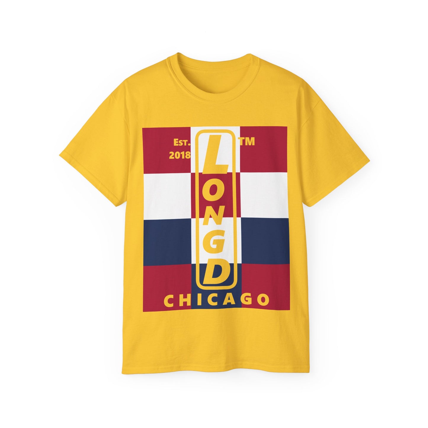 LongD cotton tee negative 4x3 Chicago upright logo (Patriotic colors)