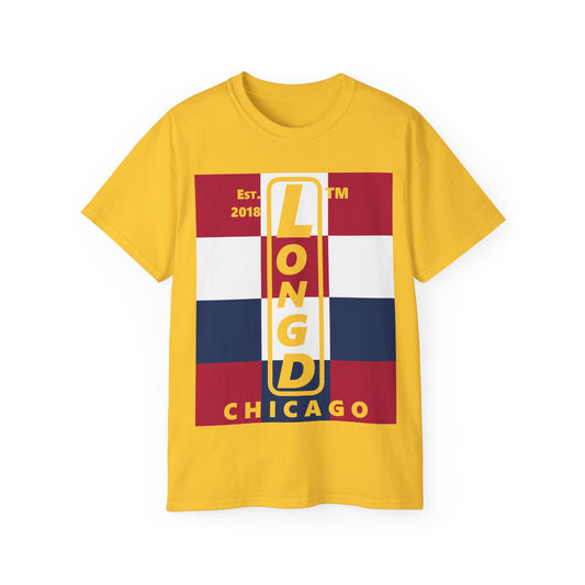 LongD cotton tee negative 4x3 Chicago upright logo (Patriotic colors)