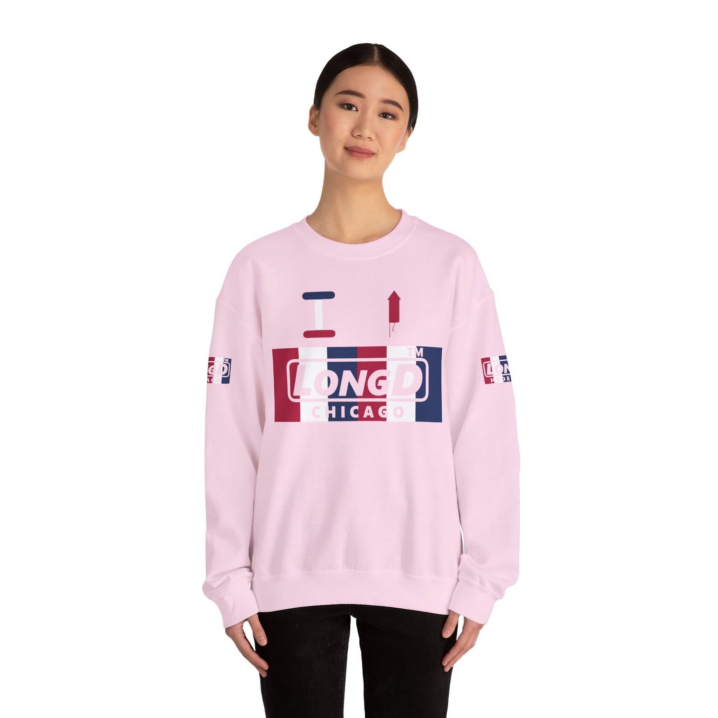 I firecracker LongD positive vertical 6-striped 4-print Chicago logo crewneck sweatshirt