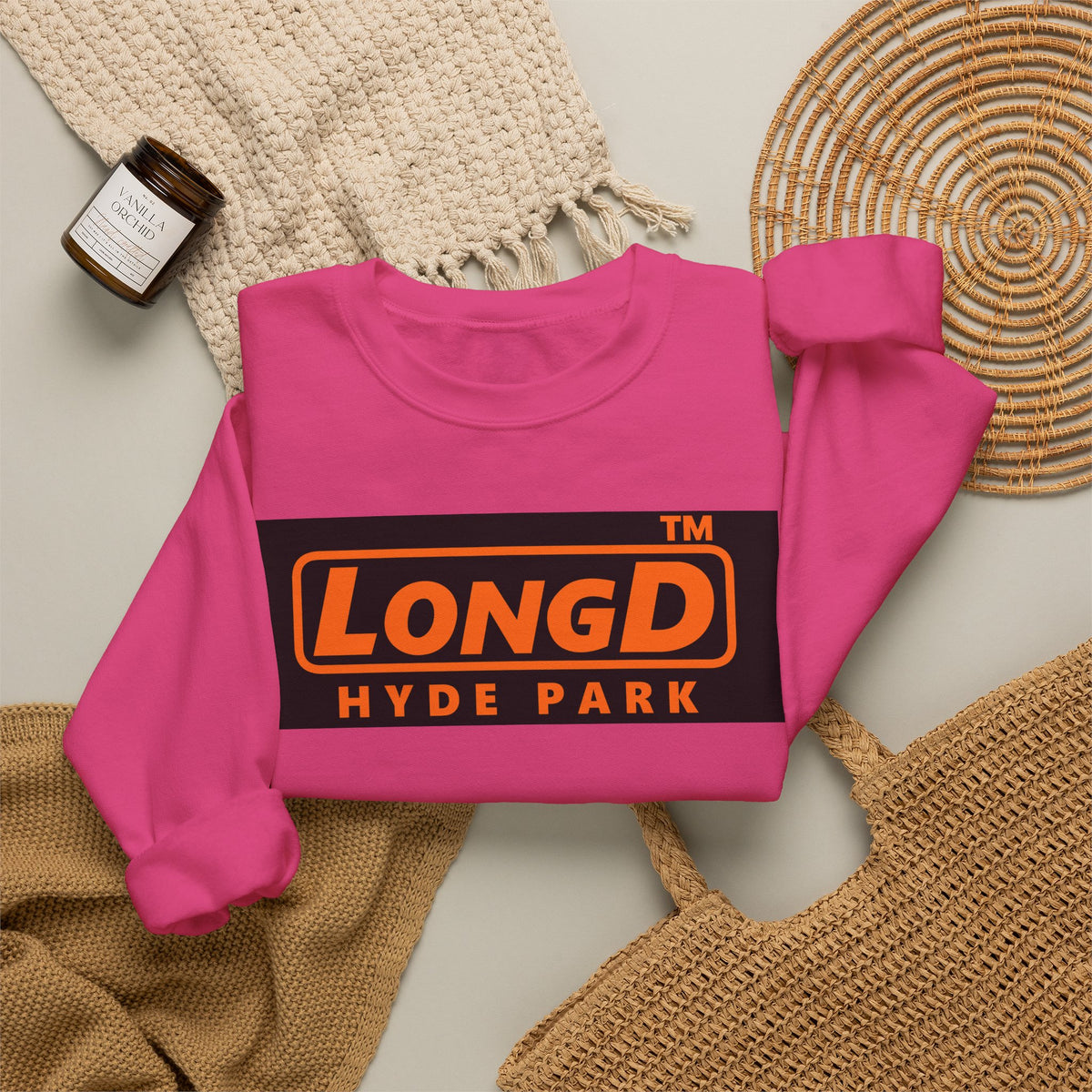LongD Hyde Park logo orange (FE7518) on Black (000000) (Halloween colors) crewneck sweatshirt
