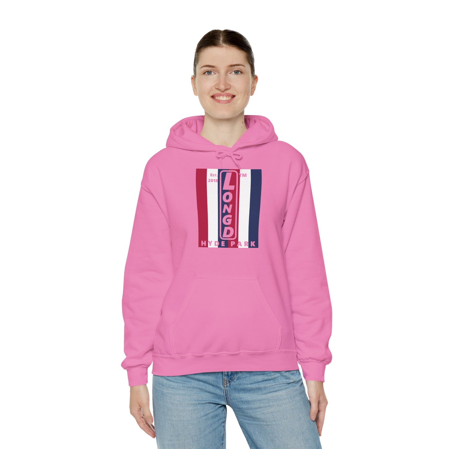 LongD® negative vertical 6-striped upright Hyde Park logo hoodie