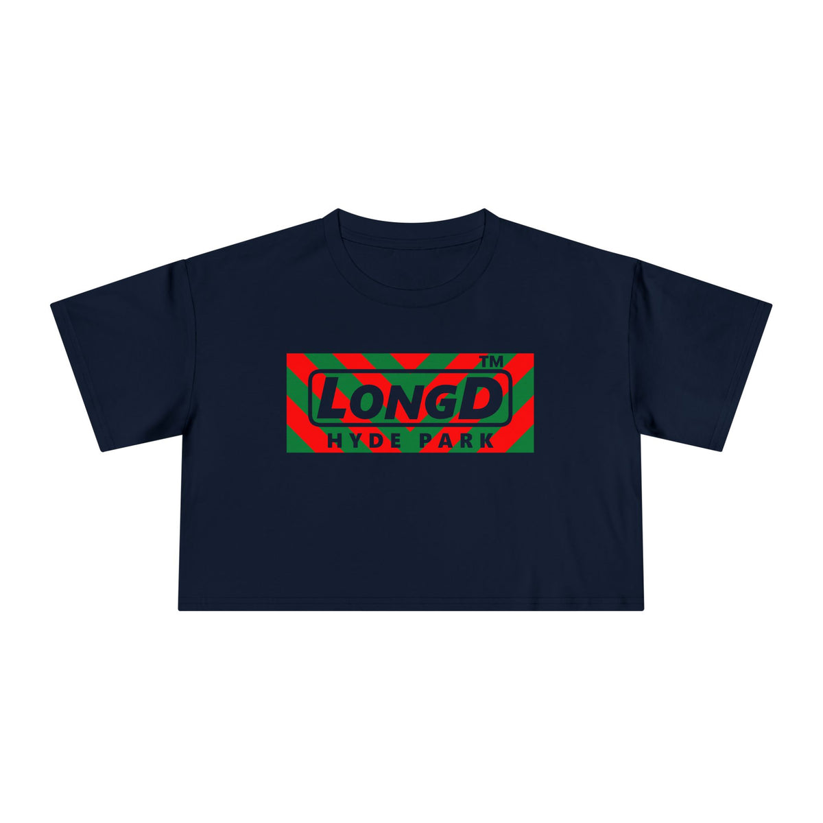 LongD Hyde Park negative downward chevron logo (Xmas colors) crop tee