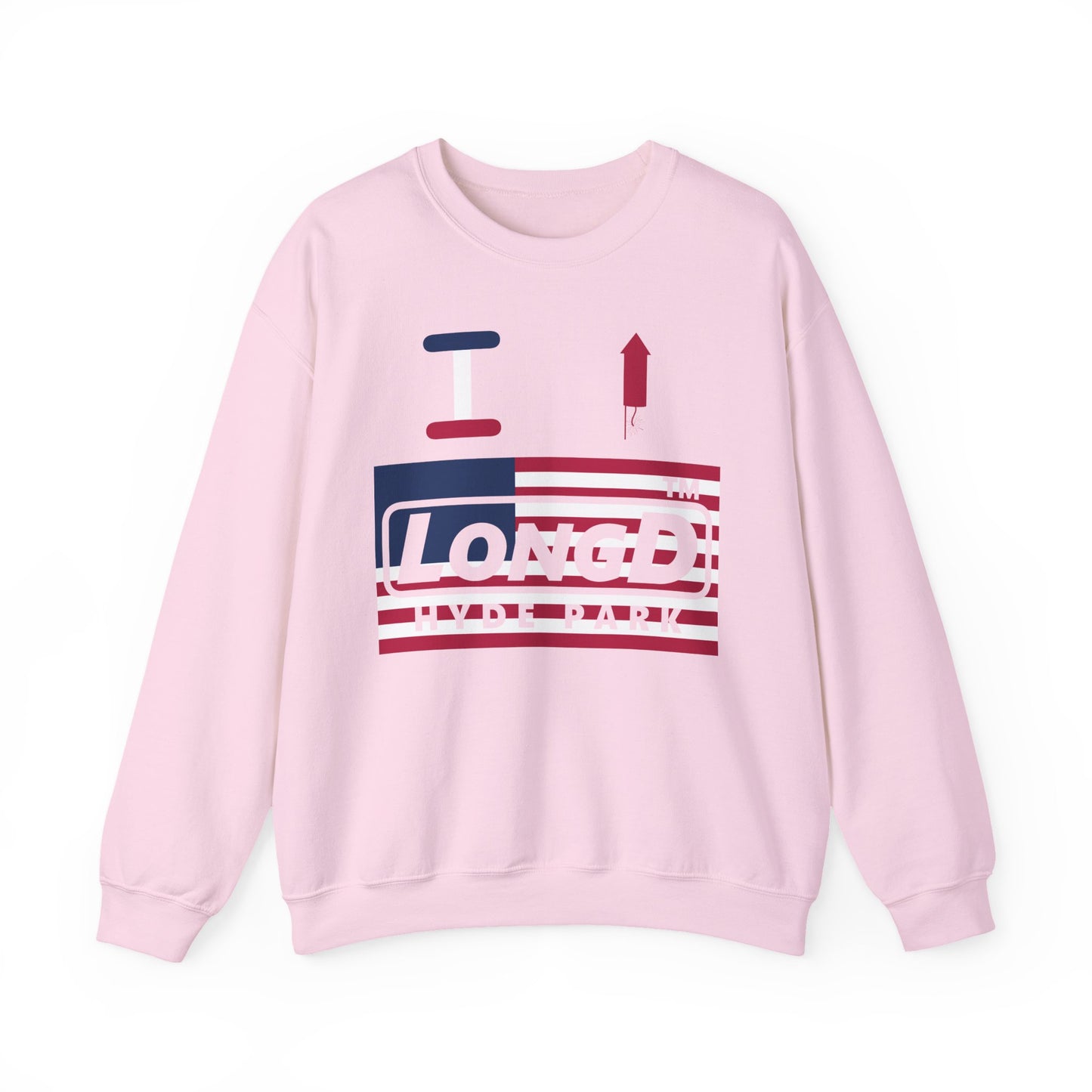 I firecracker LongD negative flag Hyde Park logo crewneck sweatshirt