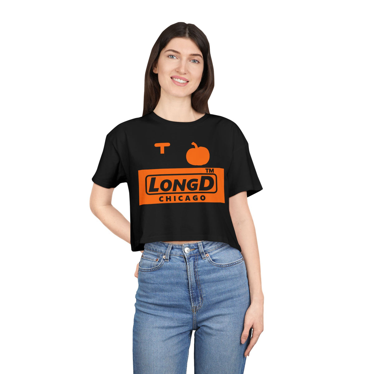 I pumpkin LongD Chicago logo positive black on negative orange crop tee