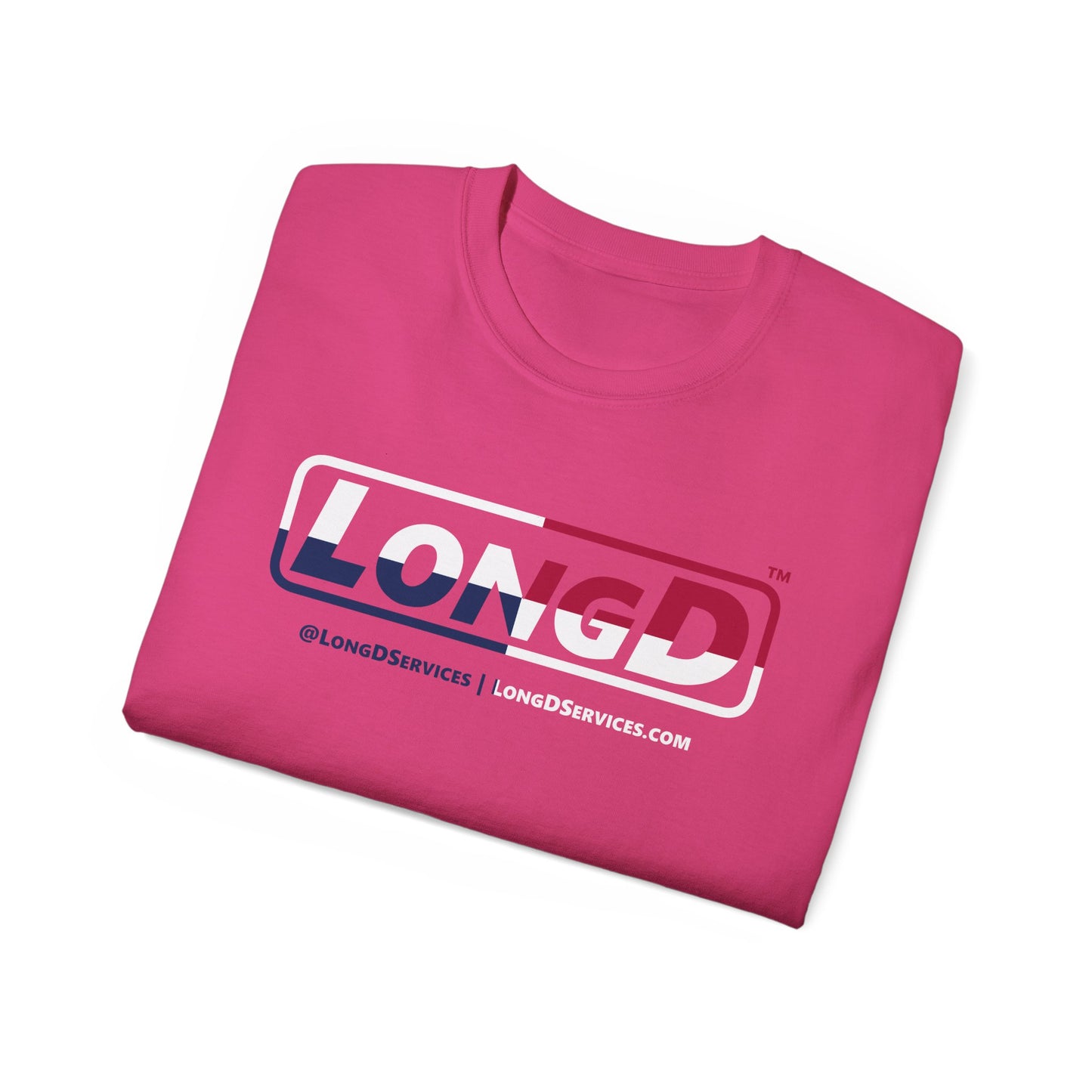 LongD® Logo Cotton Tee Red, White and Blue positive quarters text