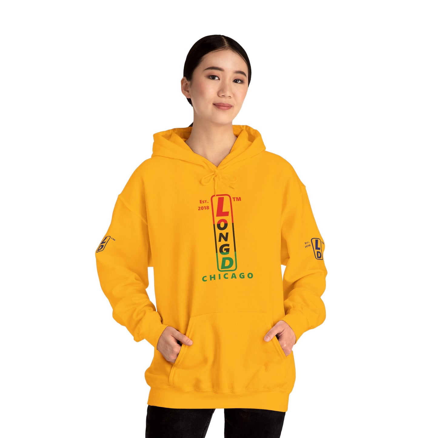 LongD® positive horizontal 3-striped Chicago 4-print upright logo hoodie (Juneteenth colors)