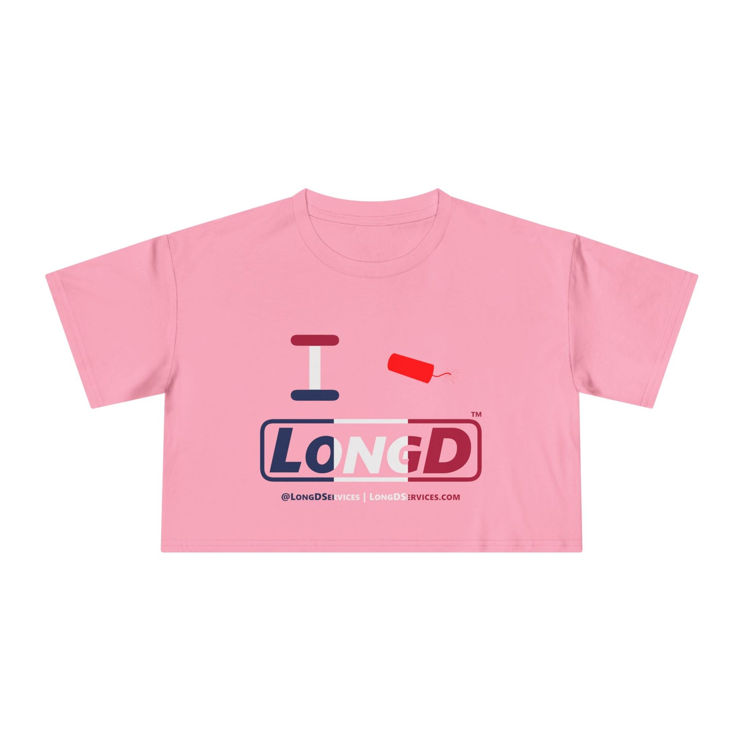 I Firecracker LongD Logo Women's Crop Tee Blue, White & Red positive thirds