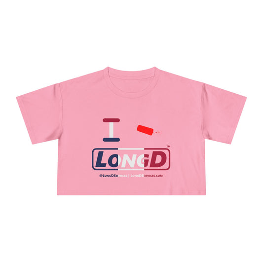 I Firecracker LongD Logo Women's Crop Tee Blue, White & Red positive thirds