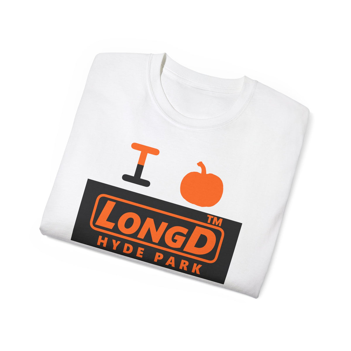 I pumpkin LongD Hyde Park logo positive orange on negative black cotton tee