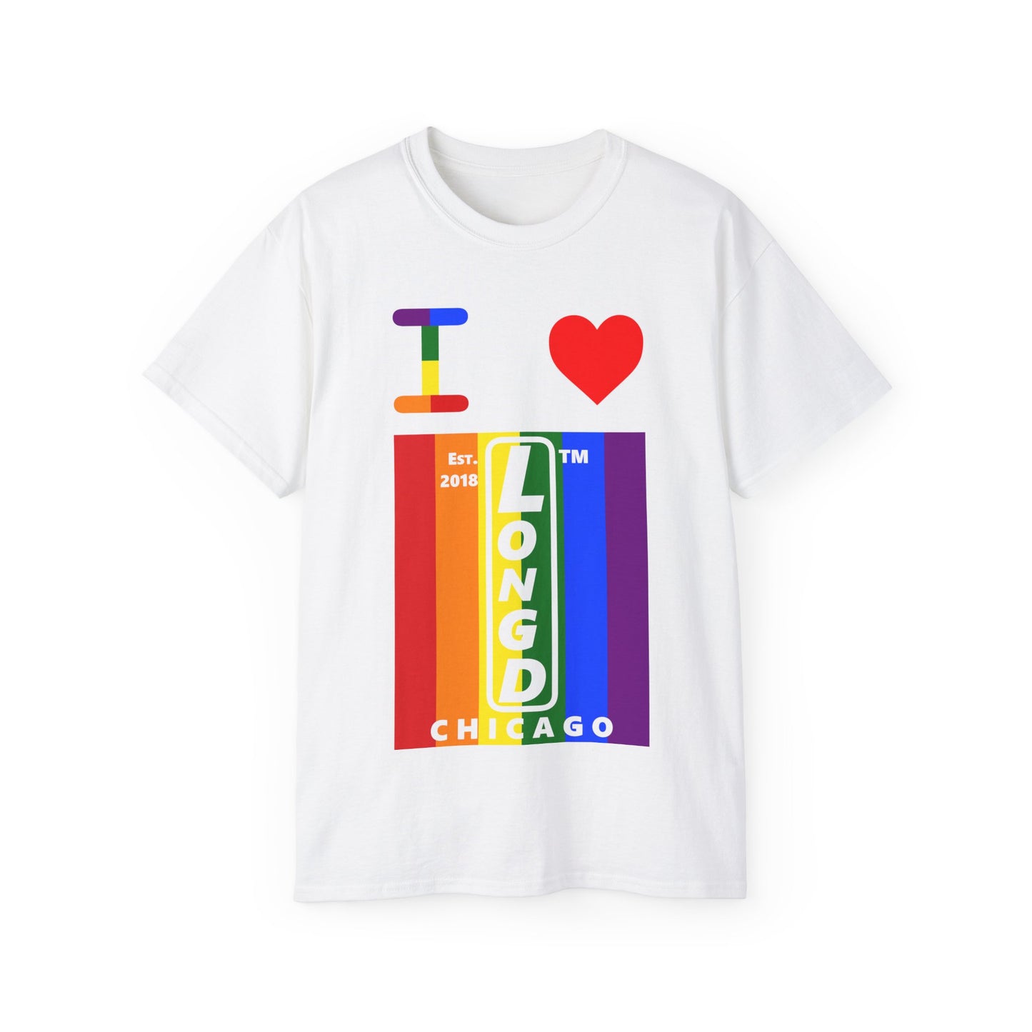 I Luv LongD Cotton Tee negative vertical striped Chicago upright logo (Pride colors)