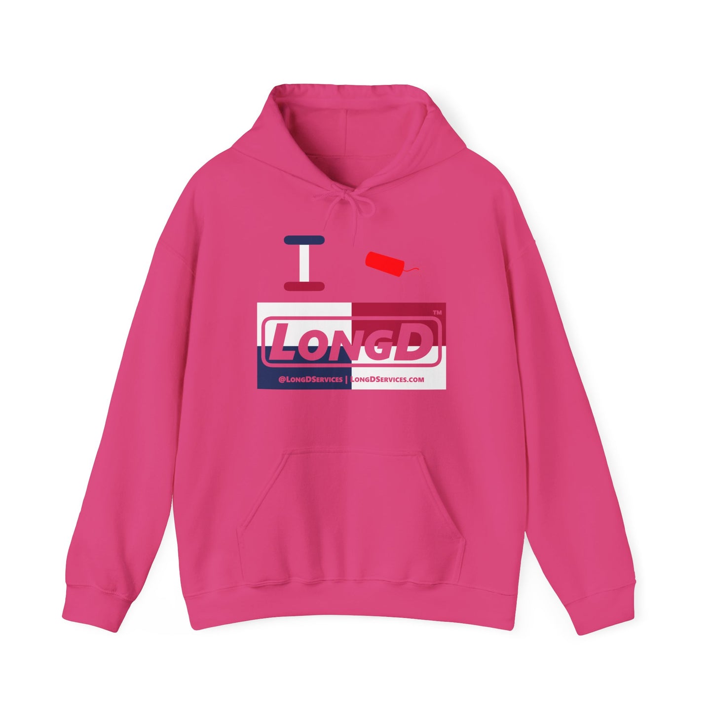 I Firecracker LongD® Logo Hoodie red, white and blue negative quarters