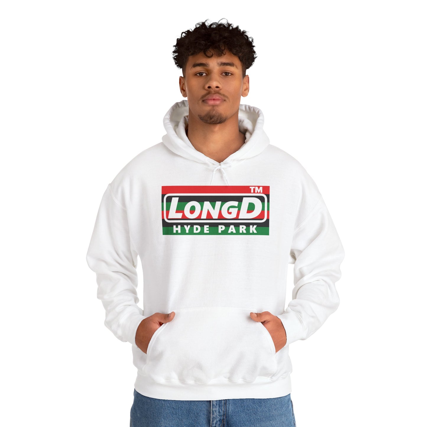LongD® negative horizontal 6-striped Hyde Park logo Hoodie (Juneteenth colors)