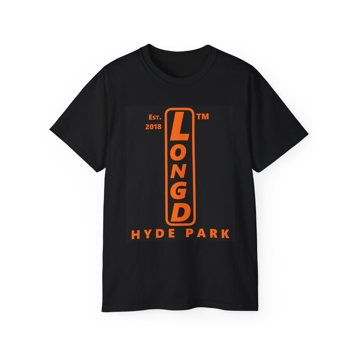 LongD Hyde Park upright logo orange (FE7518) on Black (000000) (Halloween colors) cotton tee