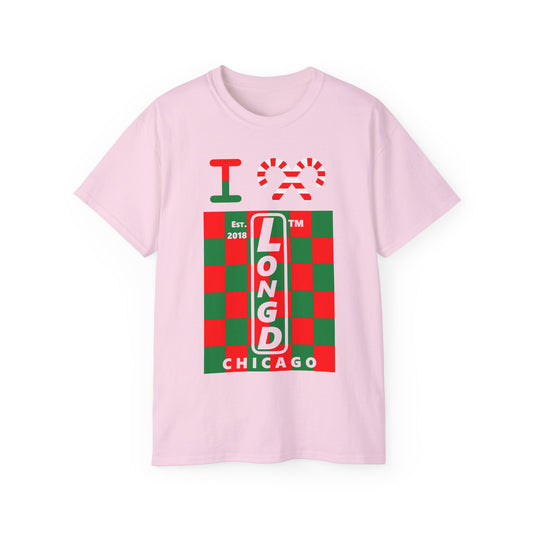 I candy cane LongD Chicago negative upright checkered logo cotton tee