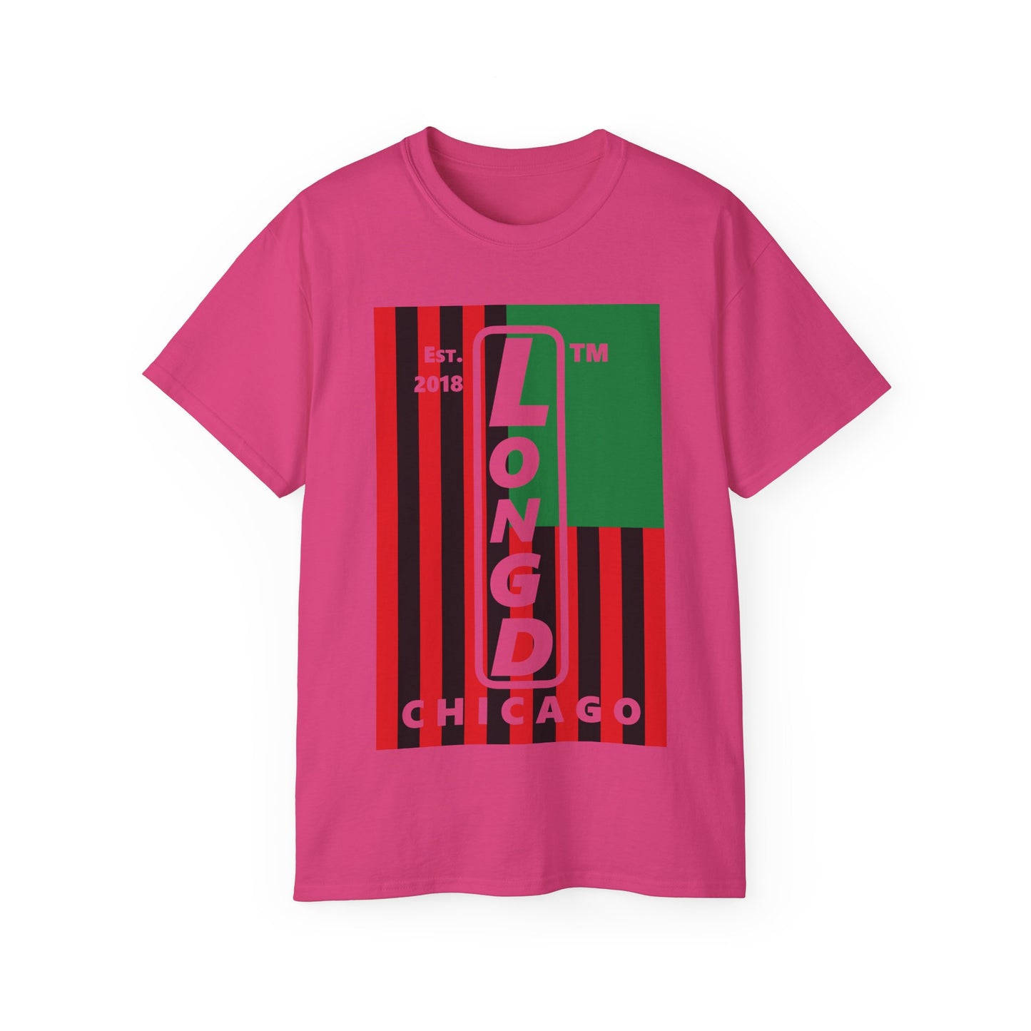 LongD Cotton Tee negative flag Chicago upright logo (Juneteenth colors)