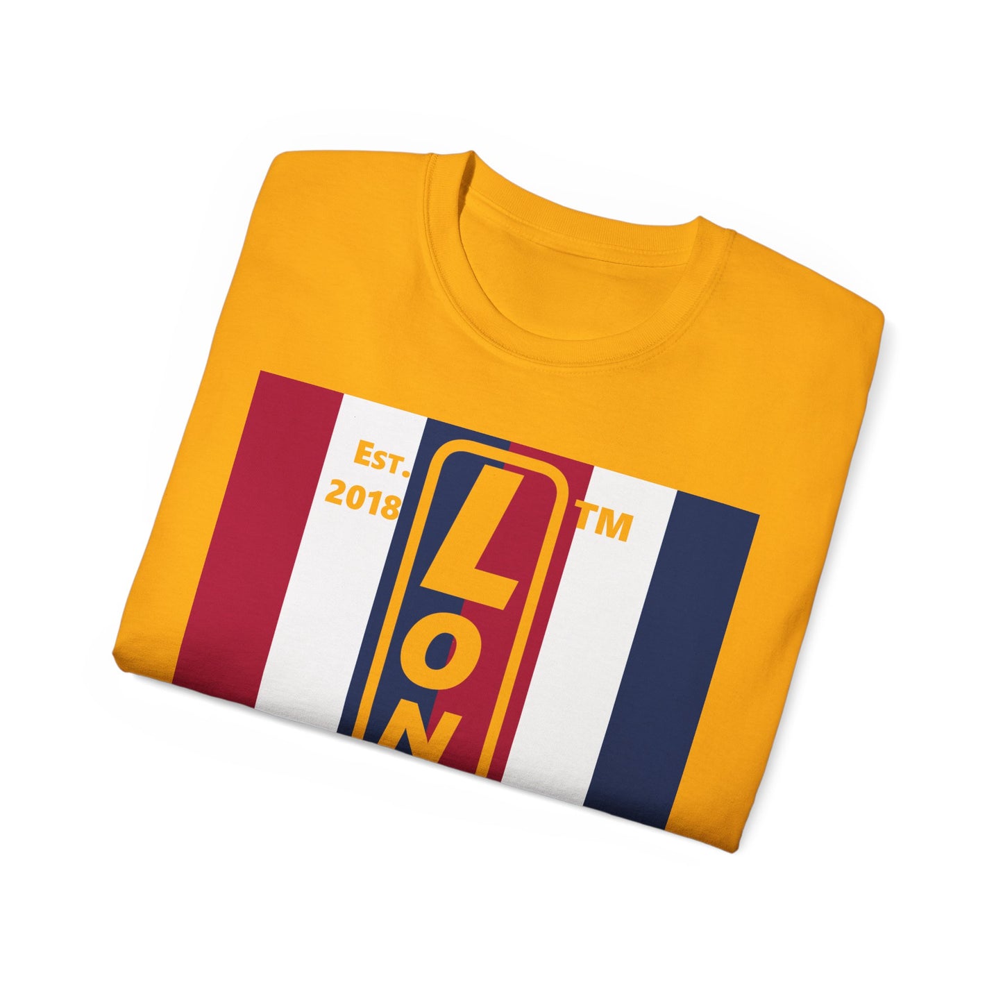 LongD cotton tee negative vertical 6-striped Hyde Park upright logo (Patriotic colors)