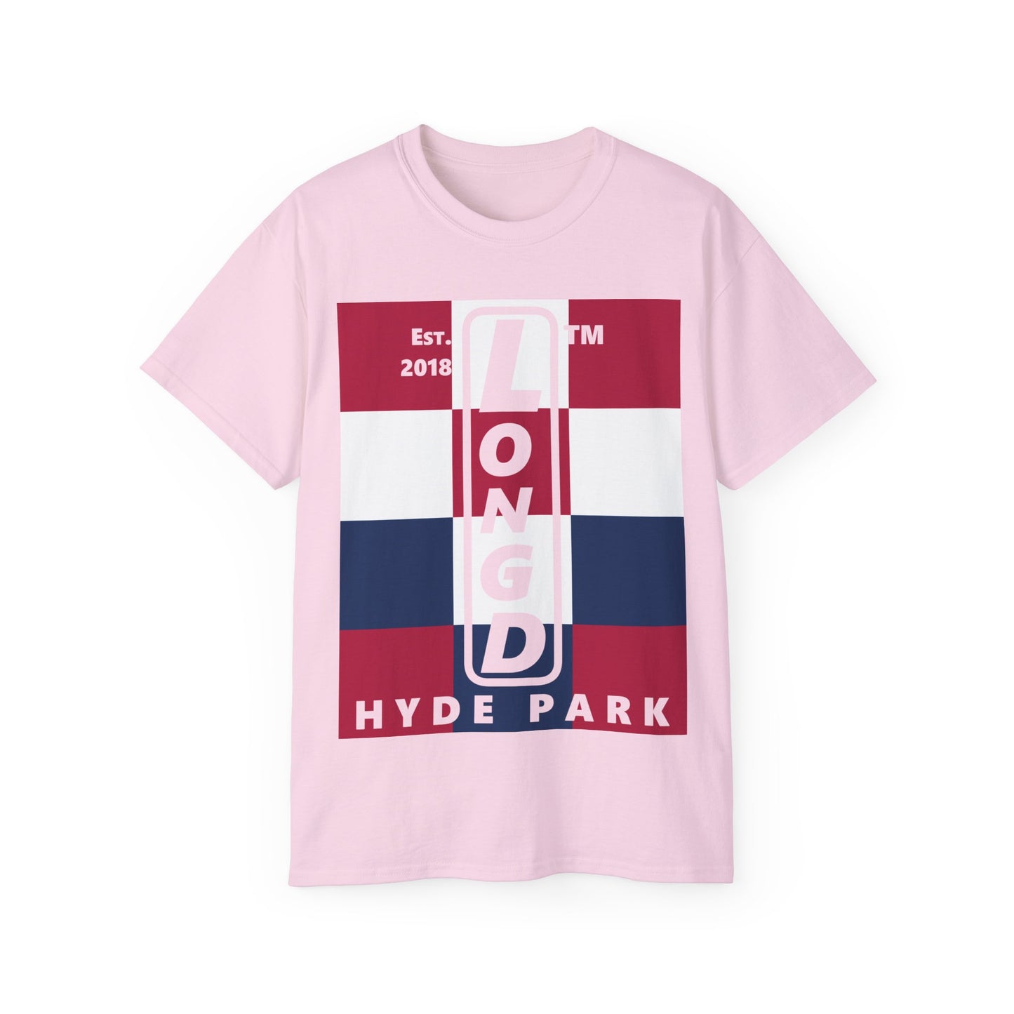 LongD cotton tee negative 4x3 Hyde Park upright logo (Patriotic colors)